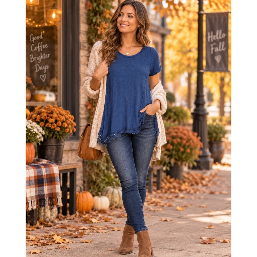 Altar'd State Women's Medium Blue Mineral Wash Lace Hem Swing Tunic Boho USA